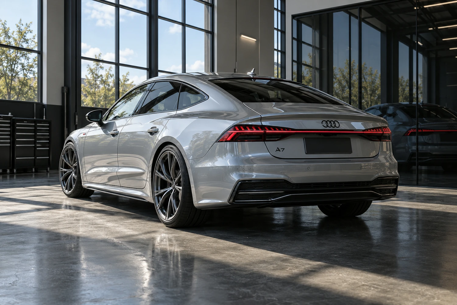 АВТО 1006719 Audi A7 C8 серебристый мастерская с окнами