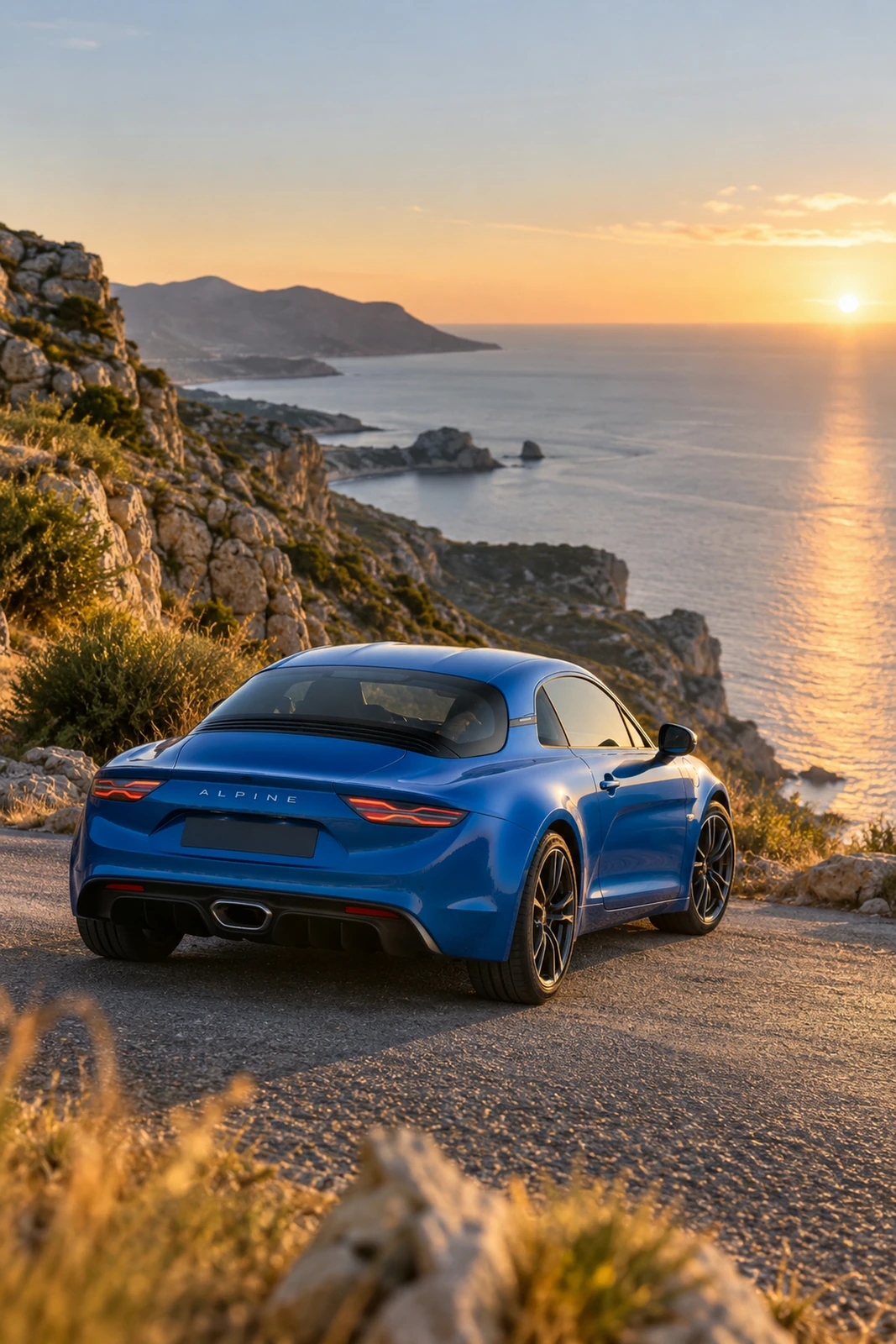 АВТО 1007555 синий Alpine A110 на дороге над морем