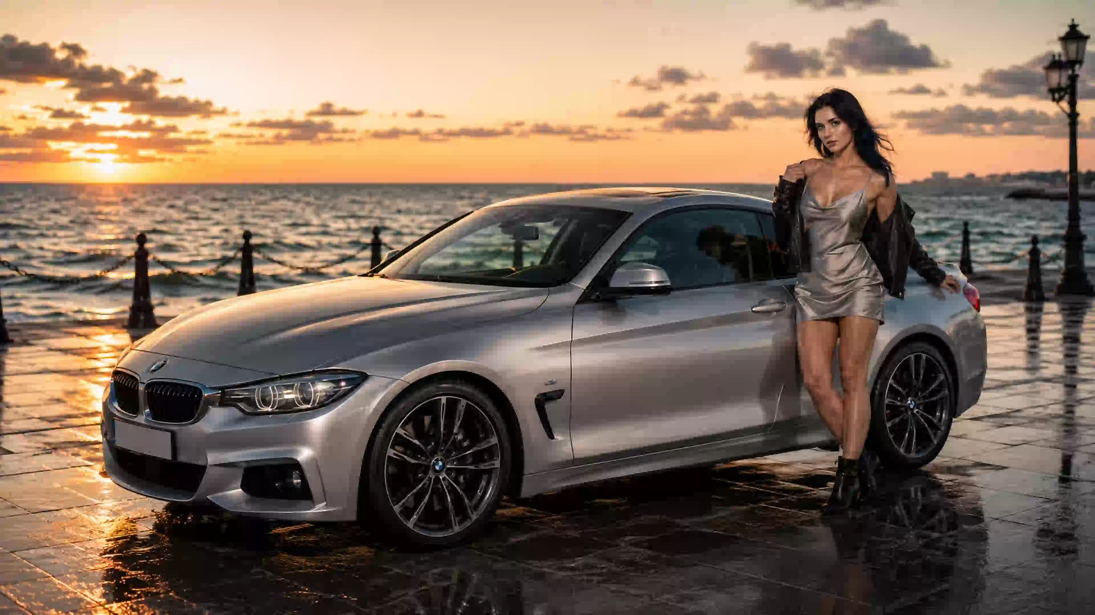 ДЕВ 00423 девушка серебристый bmw на закате у моря