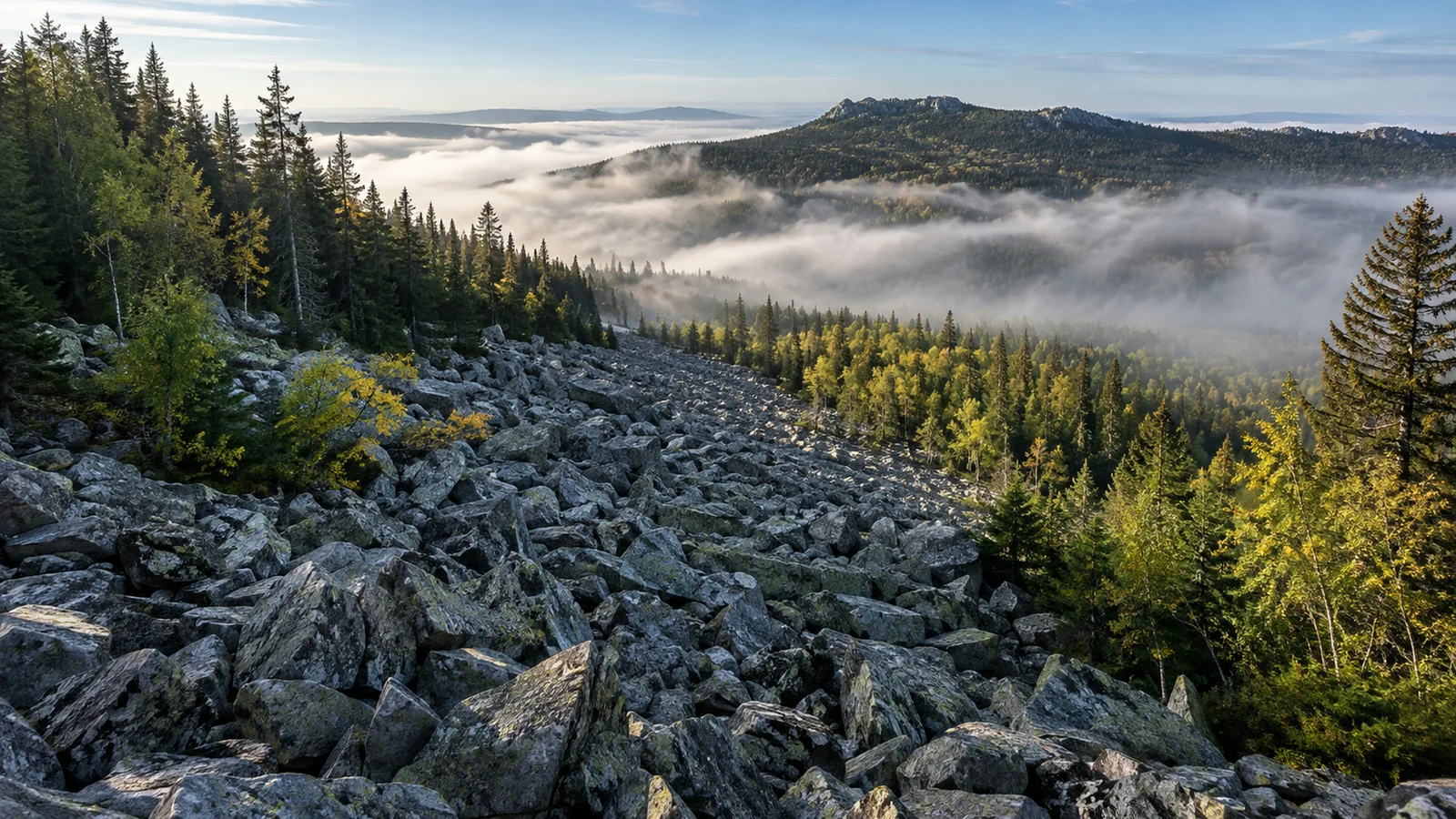 ПРН 1000285 Таганай — каменная река в утреннем тумане