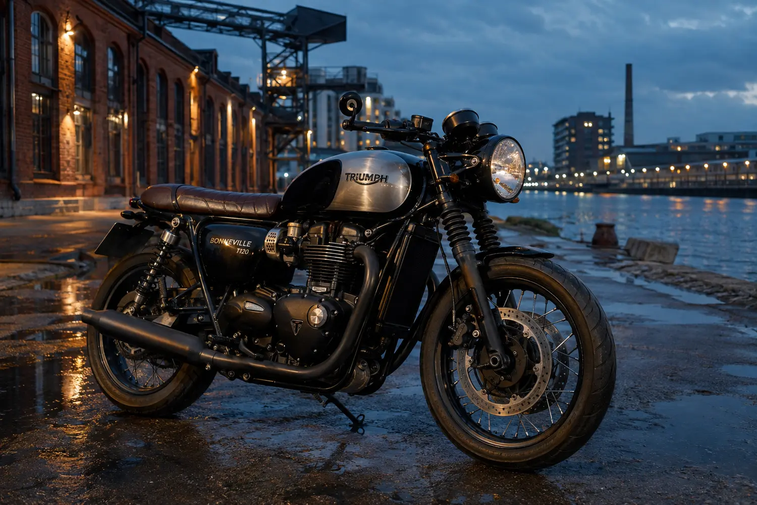 АВТО 1003935 кастомный Triumph Bonneville в вечернем Севкабель Порту