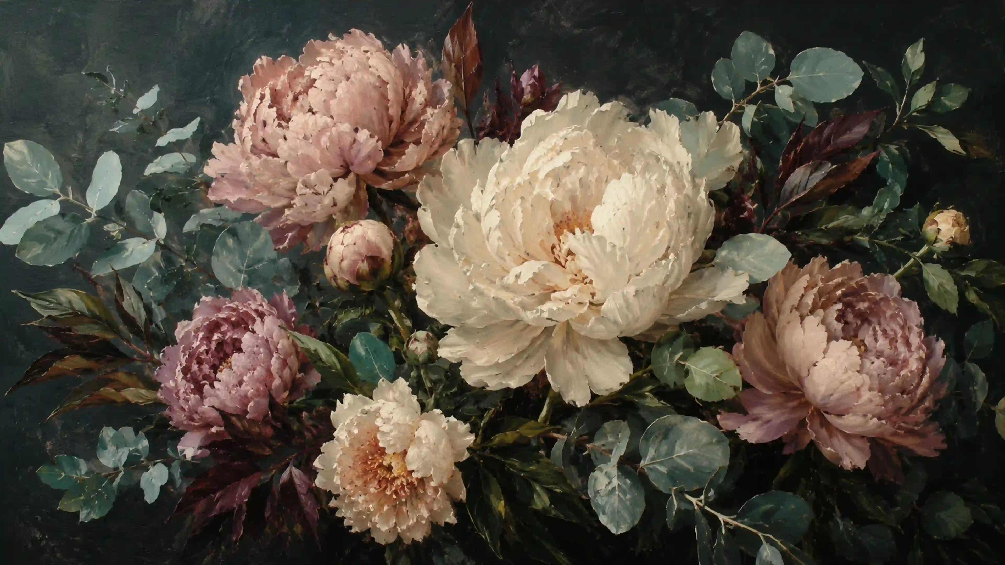 МИКС 000023 пионы и эвкалипт масляная живопись