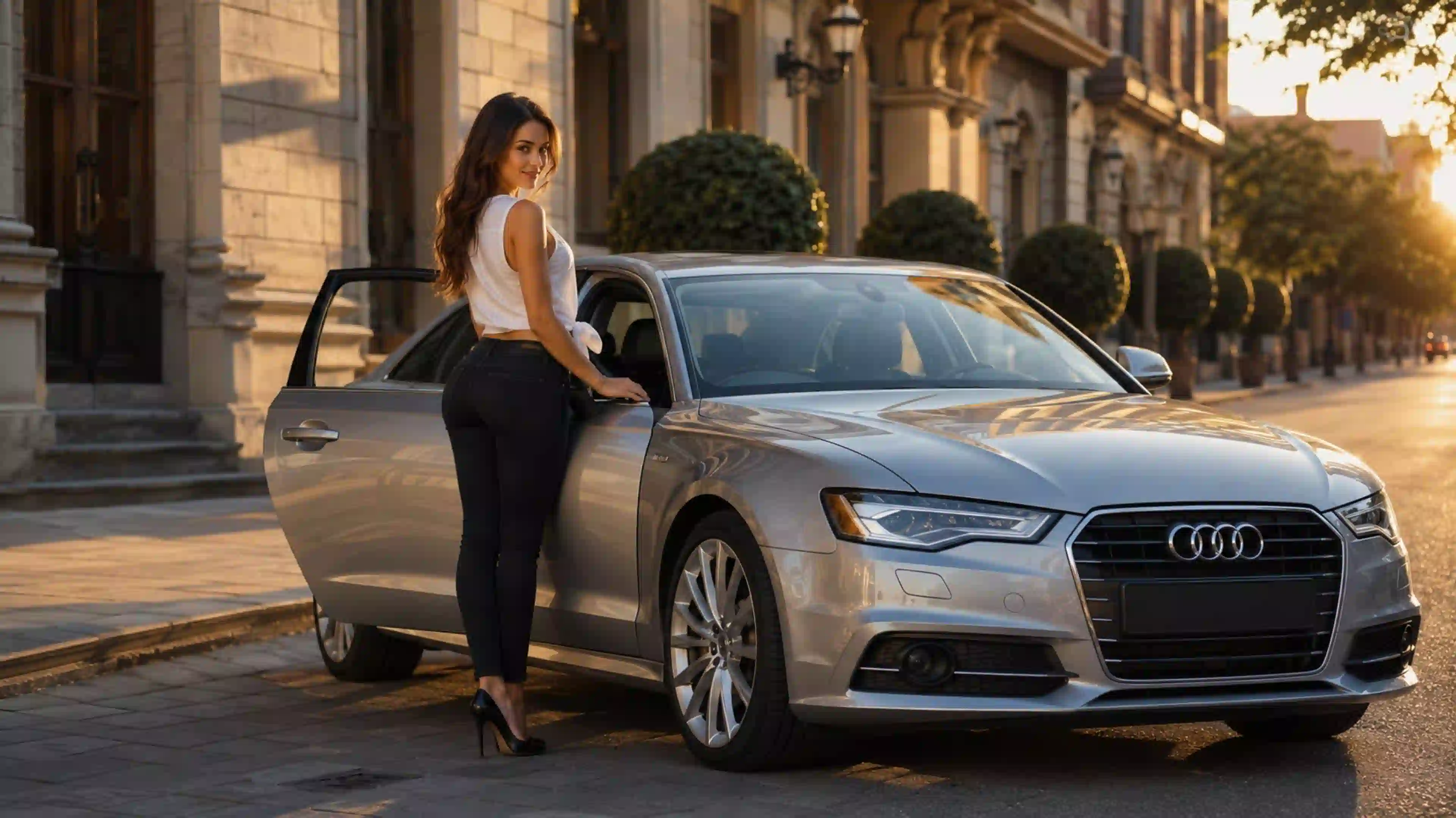 ДЕВ 00002 девушка у Audi на городской улице в золотом свете