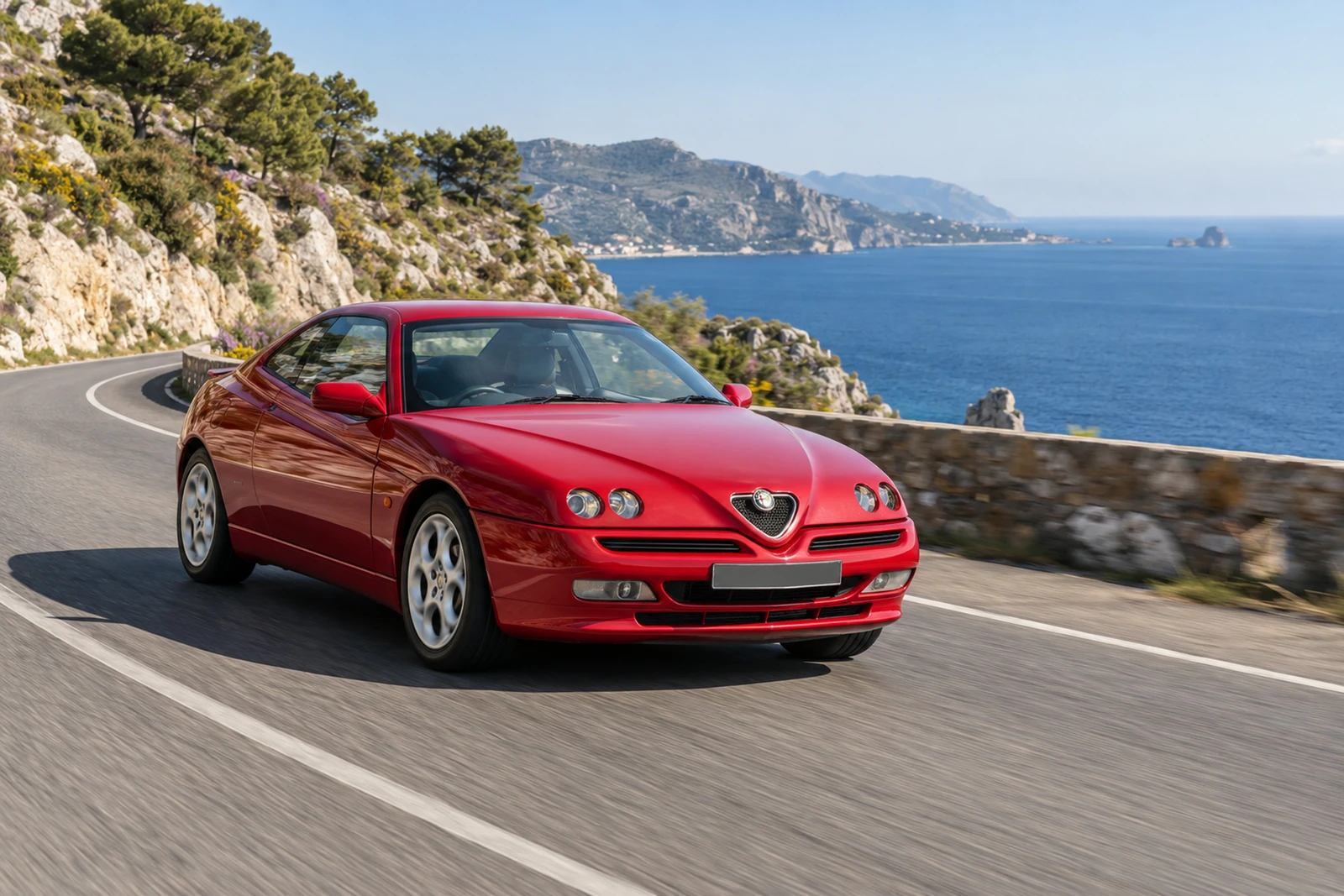АВТО 1007528 красная Alfa Romeo GTV на прибрежной дороге