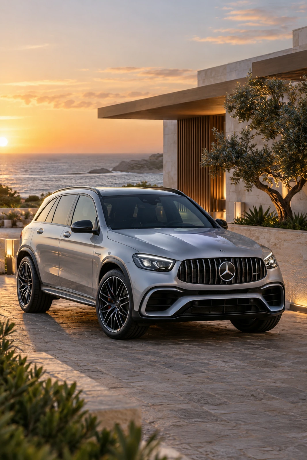АВТО 1007615 серебристый Mercedes AMG GLC43 у океанского курорта