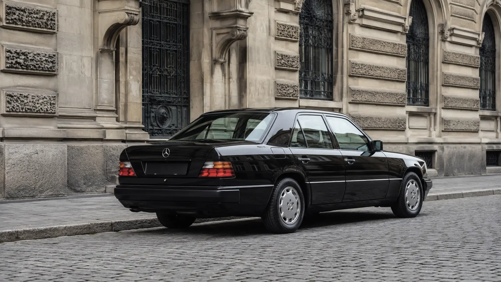 АВТО 1000114 чёрный Mercedes-Benz W124 у исторического фасада