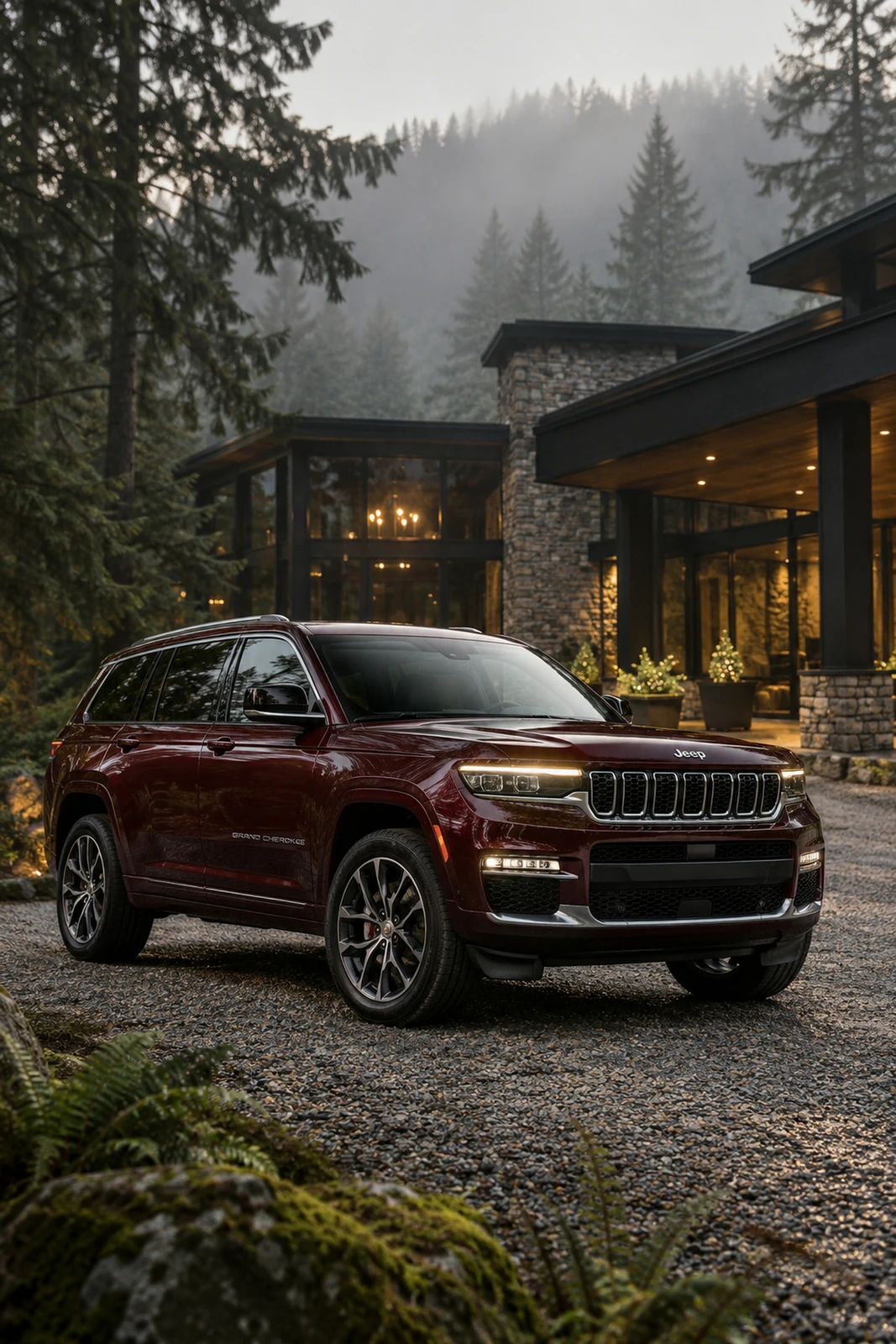 АВТО 1007597 бордовый Jeep Grand Cherokee у лесного отеля