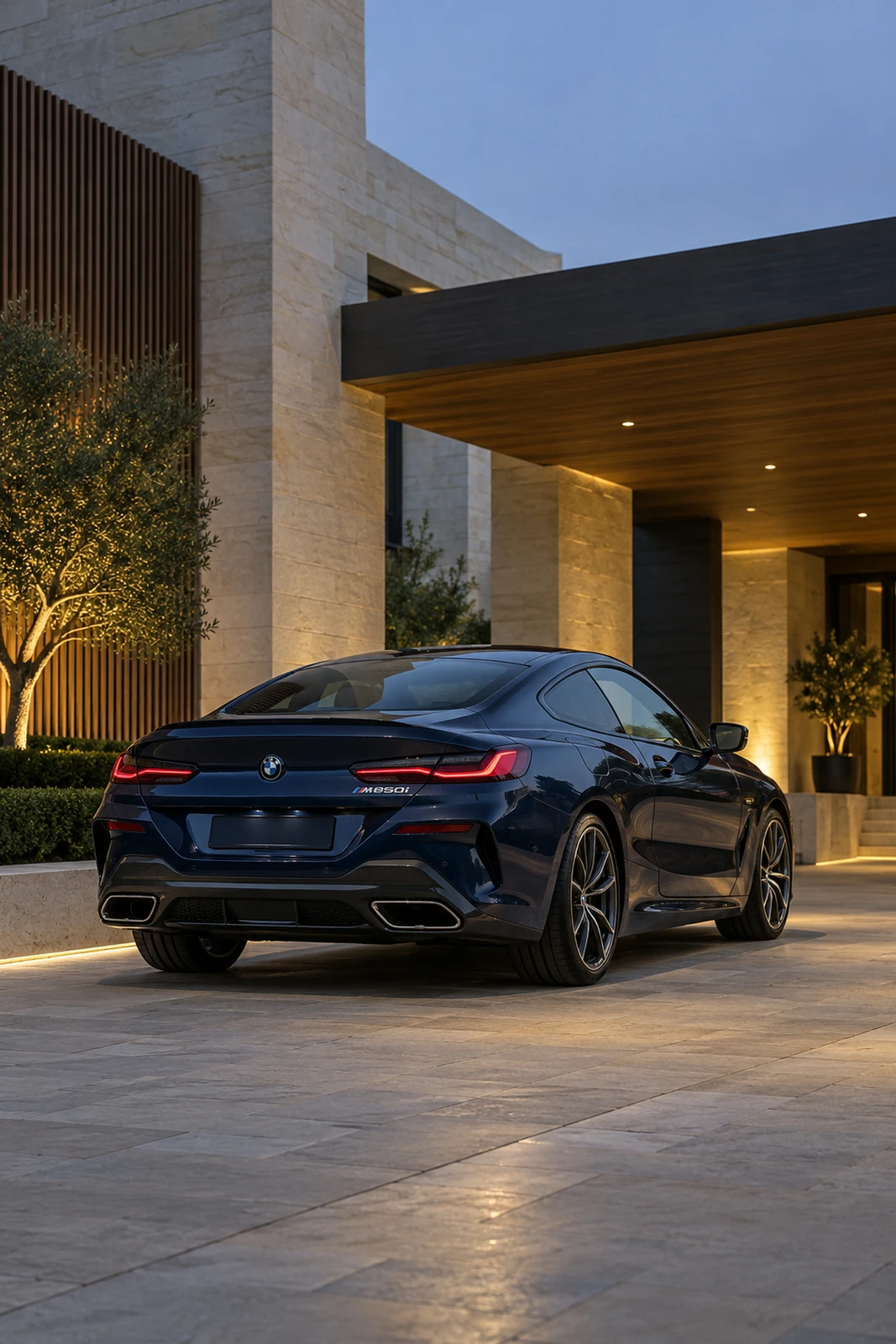 АВТО 1007543 синий BMW M850i Coupe у современного отеля
