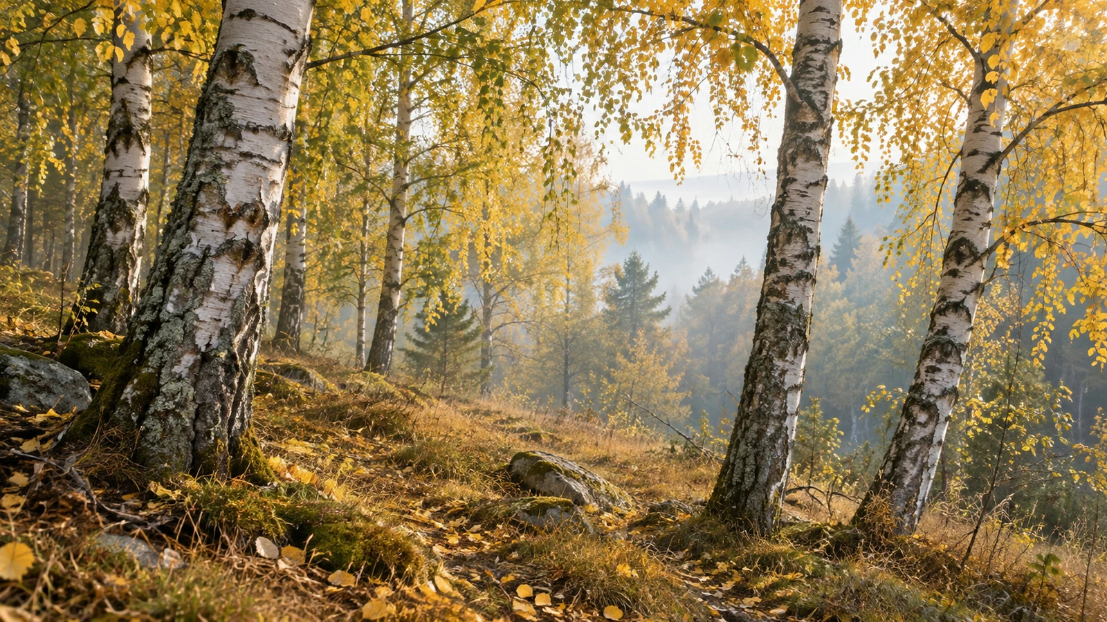ПРН 1000032 Осенняя берёзовая роща в лёгком тумане