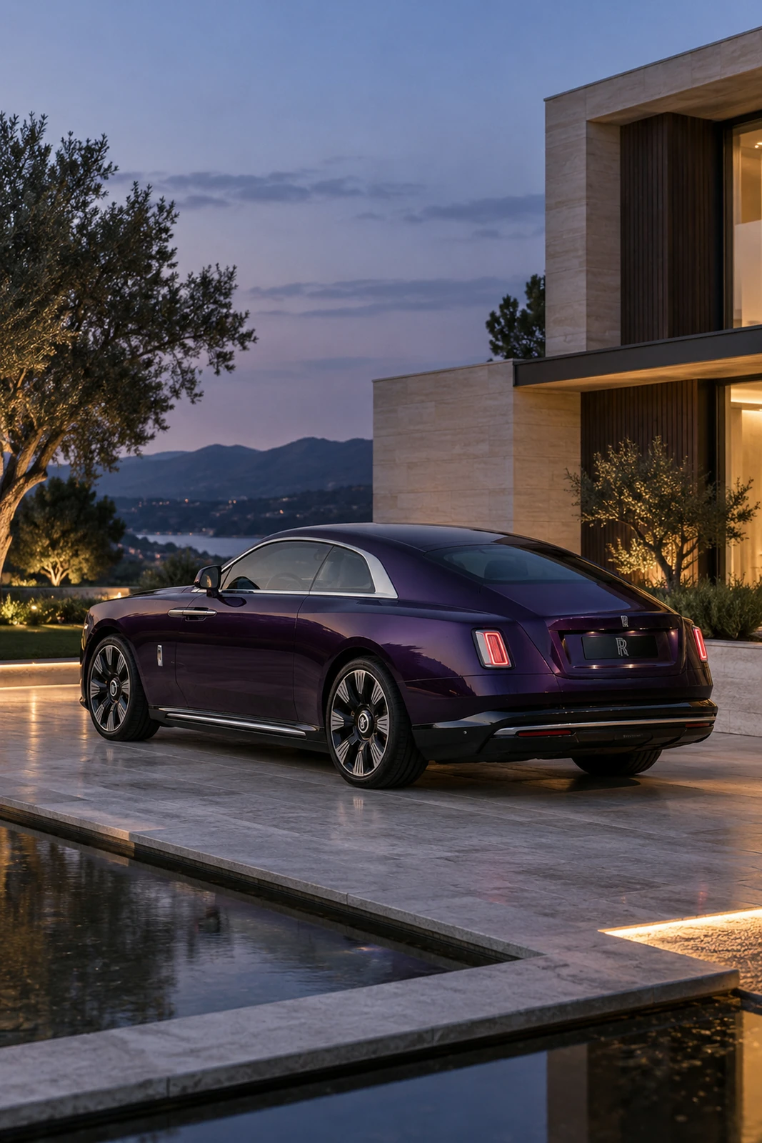 АВТО 1007681 фиолетовый Rolls-Royce Spectre у современного особняка