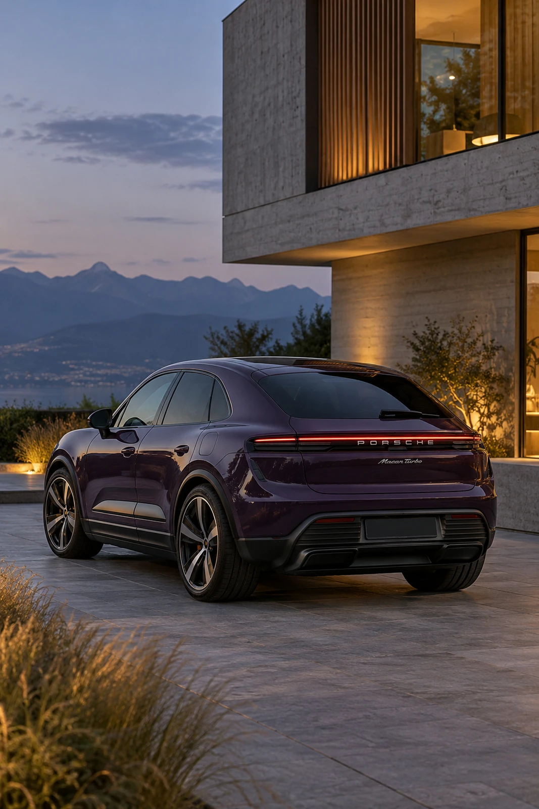 АВТО 1007635 фиолетовый Porsche Macan Electric у современного дома