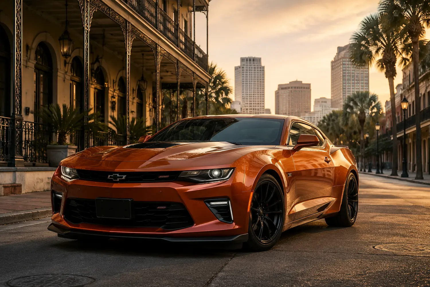 АВТО 1003932 оранжевый Chevrolet Camaro SS на закатной улице Нового Орлеана