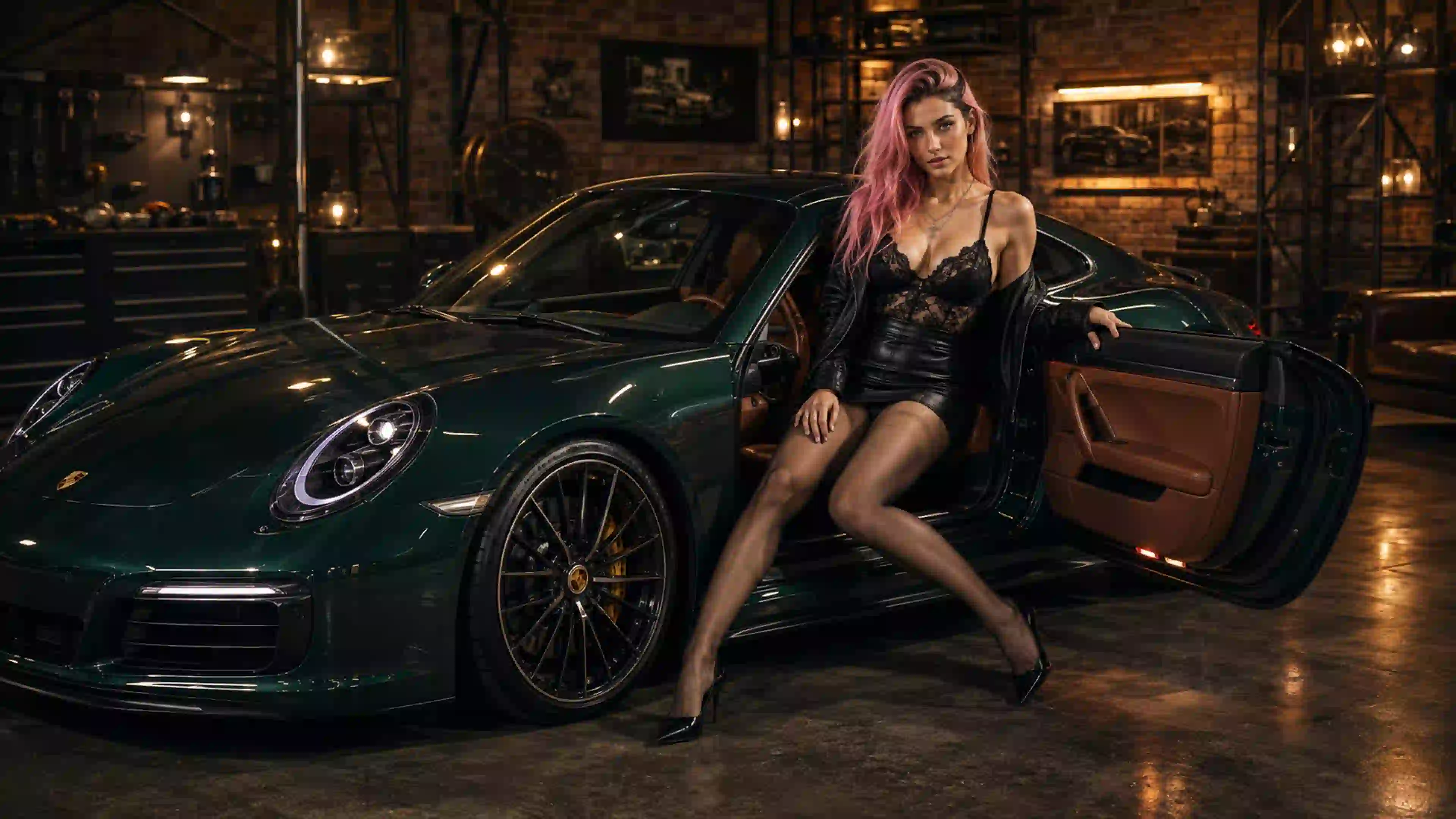 ДЕВ 00612 девушка розовый образ в гараже с porsche