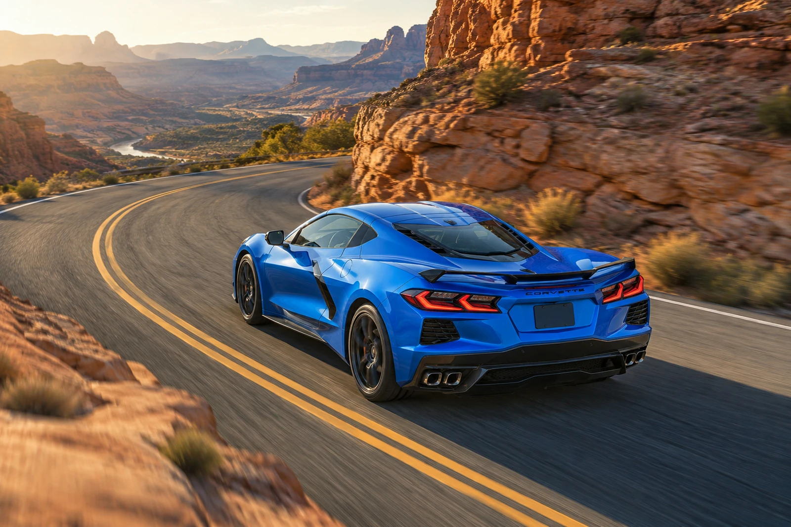 АВТО 1007496 синий Chevrolet Corvette C8 на дороге у каньона