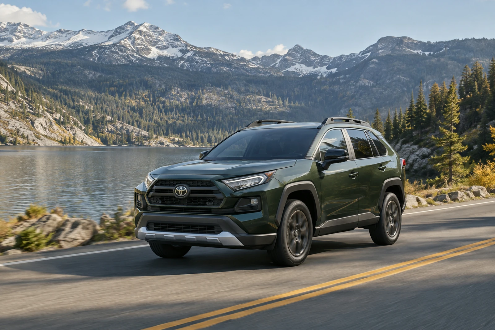 АВТО 1007630 зелёный Toyota RAV4 у альпийского озера