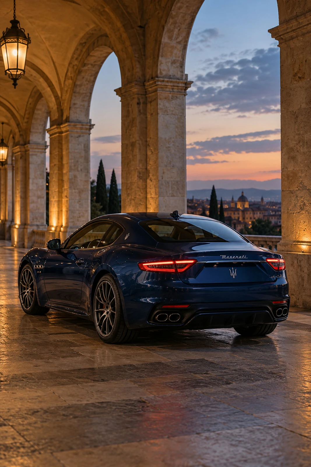 АВТО 1007521 синий Maserati GranTurismo под каменной аркадой