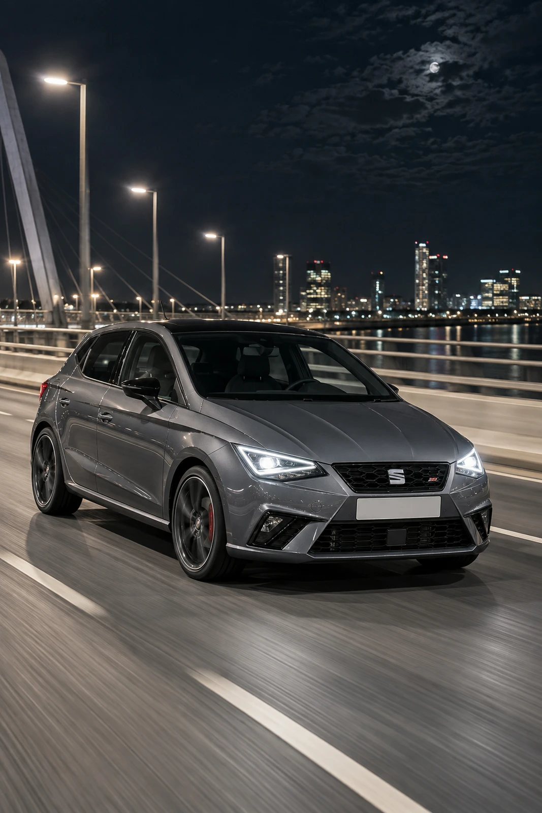 АВТО 1008577 Сеат Ibiza Cupra серый Городской мост ночью
