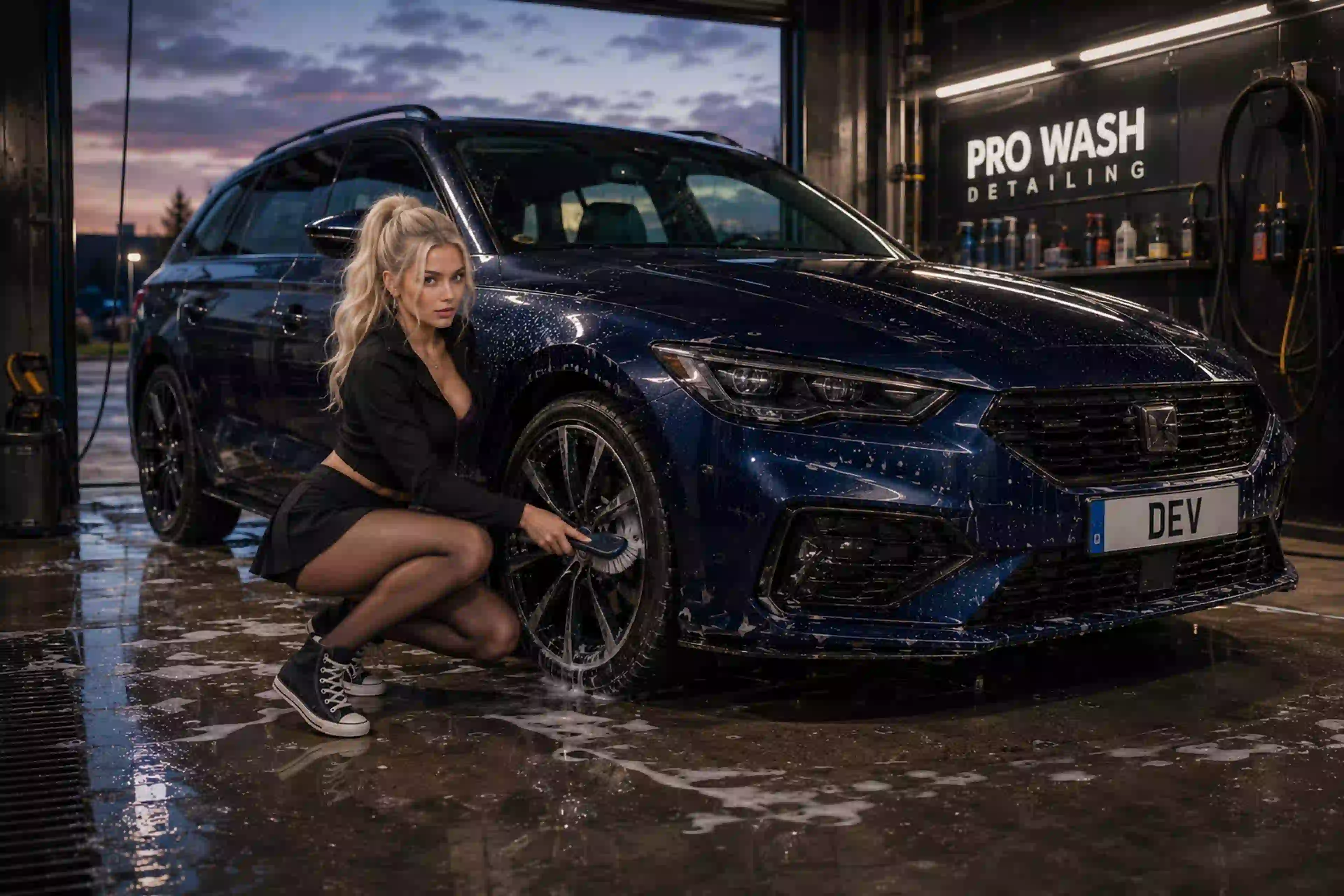 ДЕВ 00638 девушка блондинка моет автомобиль в pro wash