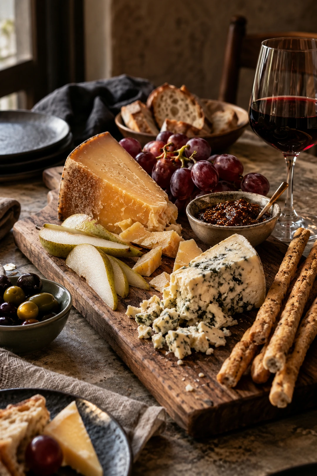 ЕДА 1000527 вино с сыром виноградом и грушей