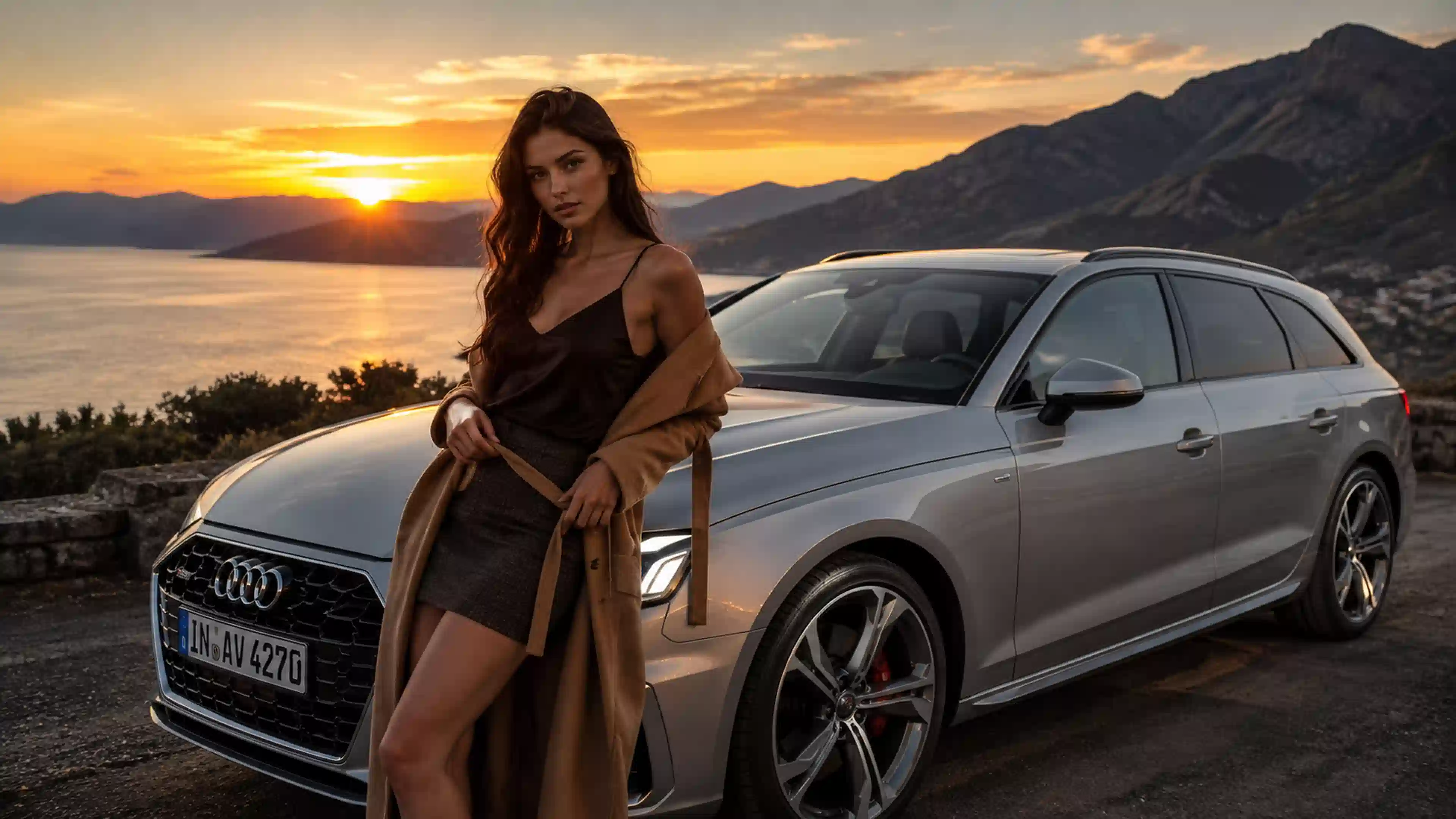 ДЕВ 00490 девушка закатный силуэт у audi