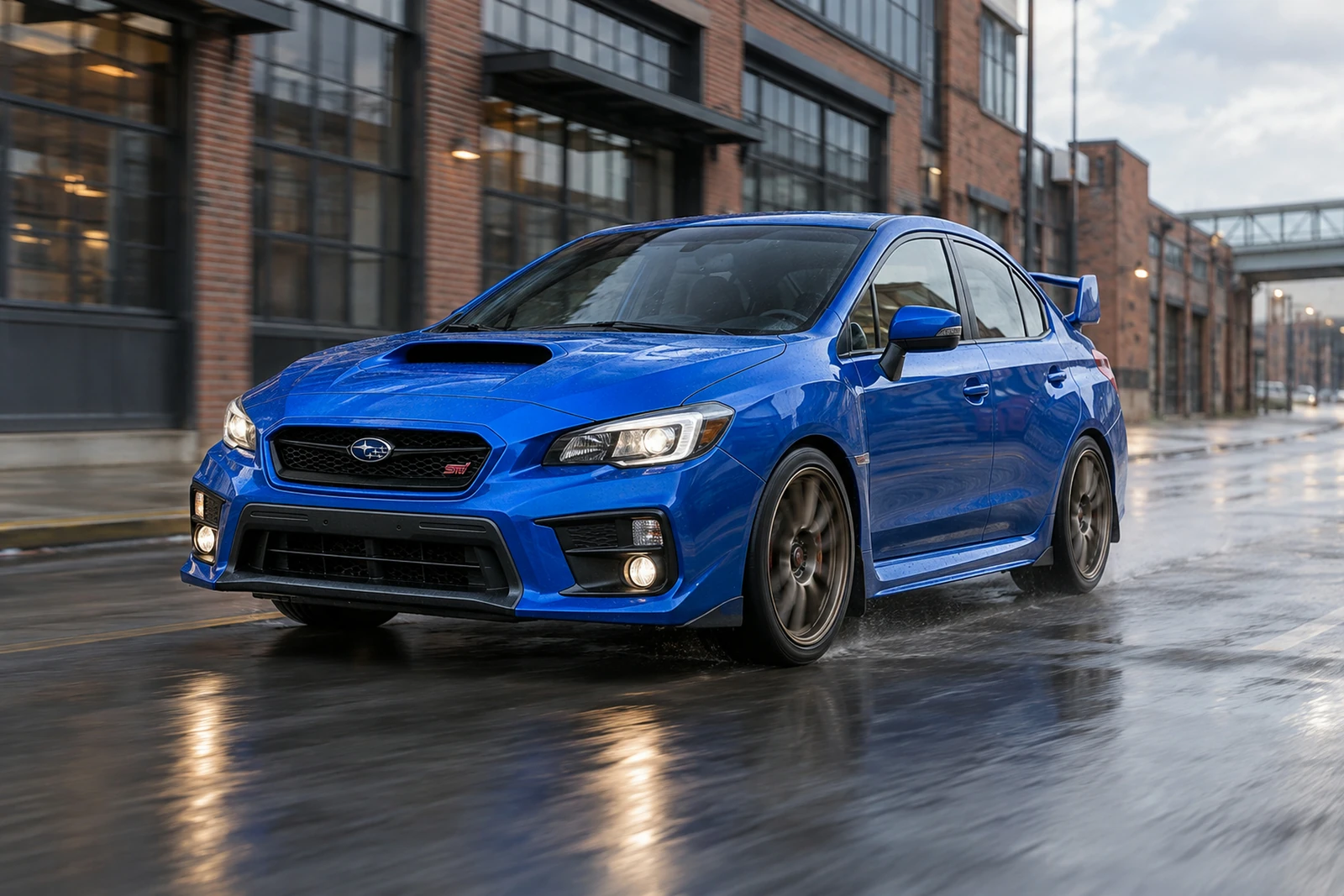 АВТО 1007498 синий Subaru WRX STI на мокрой индустриальной улице