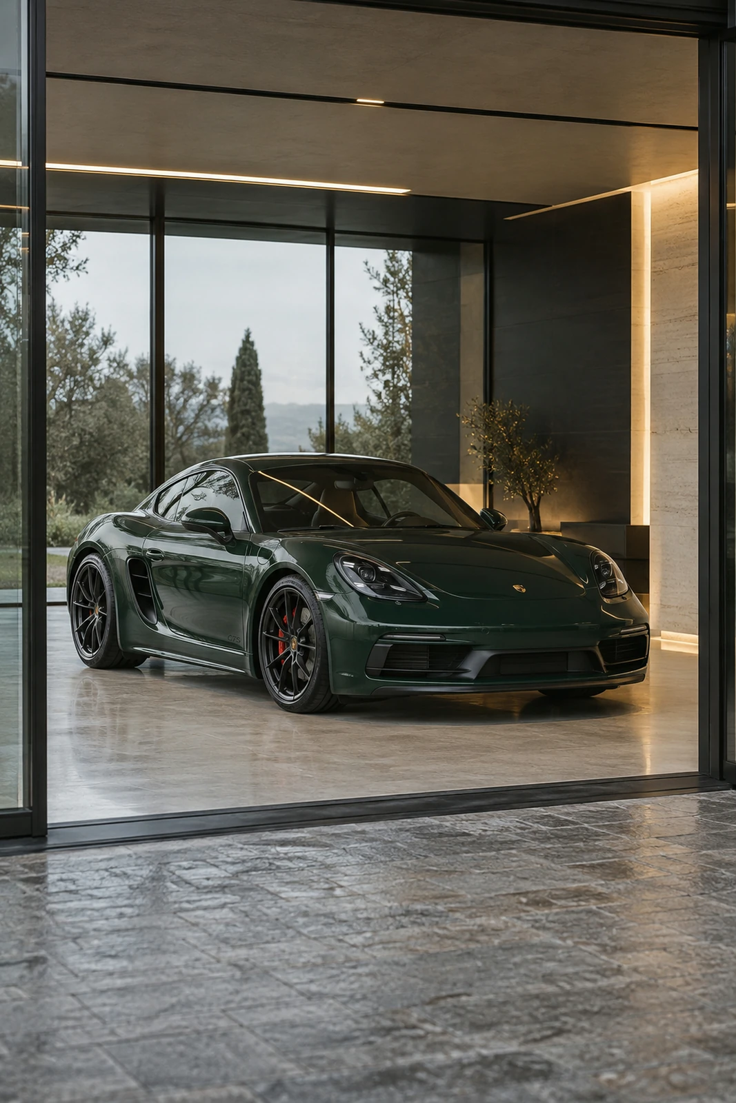 АВТО 1007537 зелёный Porsche 718 Cayman в стеклянном гараже