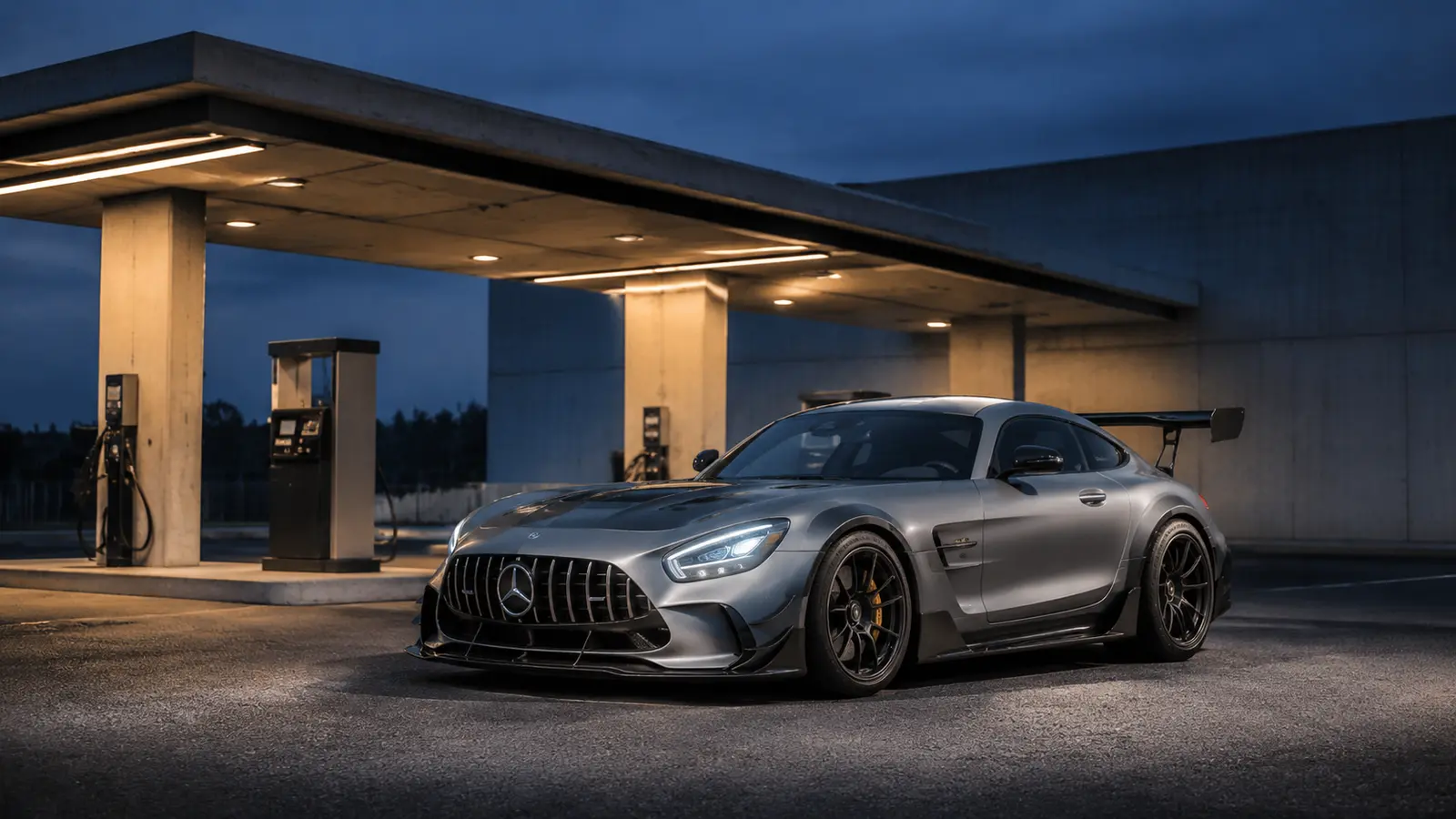 АВТО 1000179 серый Mercedes-AMG GT Black Series у современной АЗС