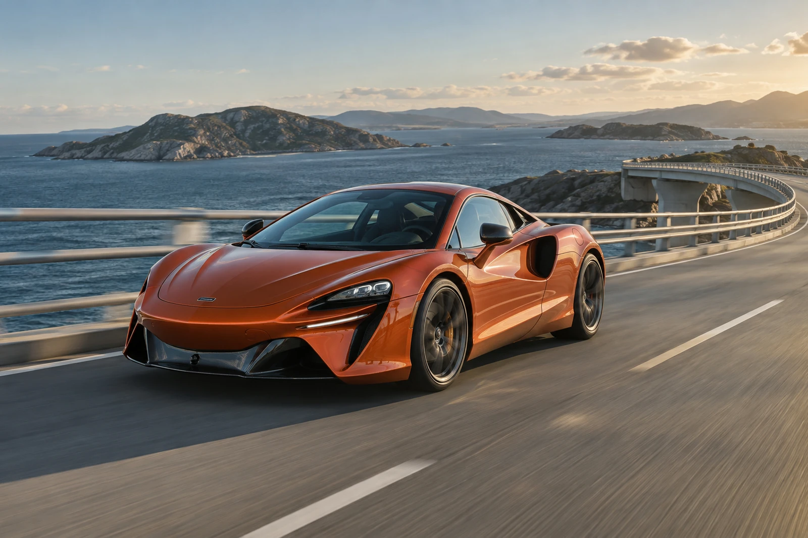 АВТО 1007580 оранжевый McLaren Artura на прибрежном мосту