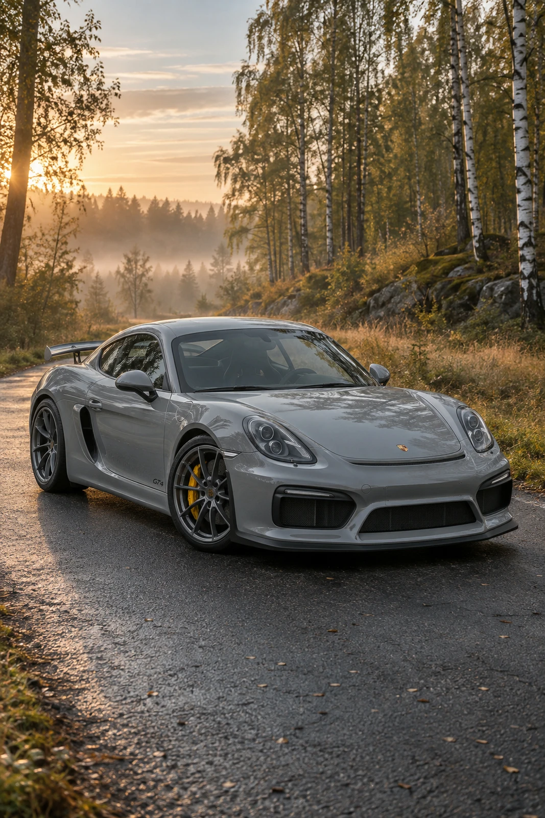 АВТО 1008435 Порше Cayman GT4 981 серый Берёзовый лес на рассвете