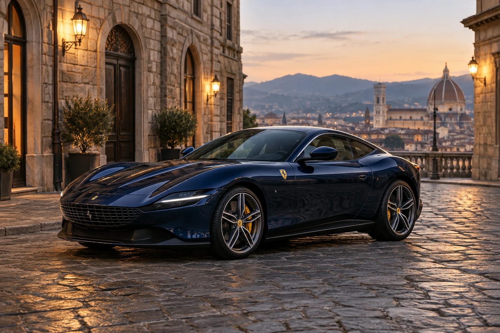 АВТО 1007494 синий Ferrari Roma на улице старого города