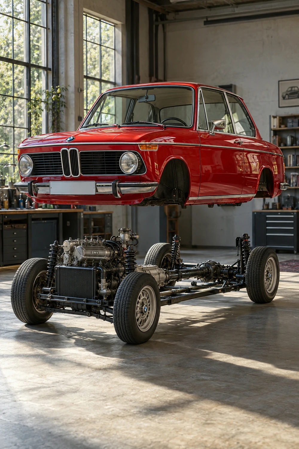 АВТО 1007353 BMW 2002 tii красный кузов над механикой