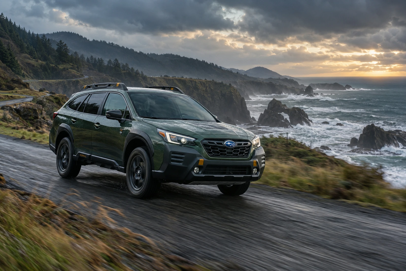 АВТО 1007678 зелёный Subaru Outback Wilderness на штормовом побережье