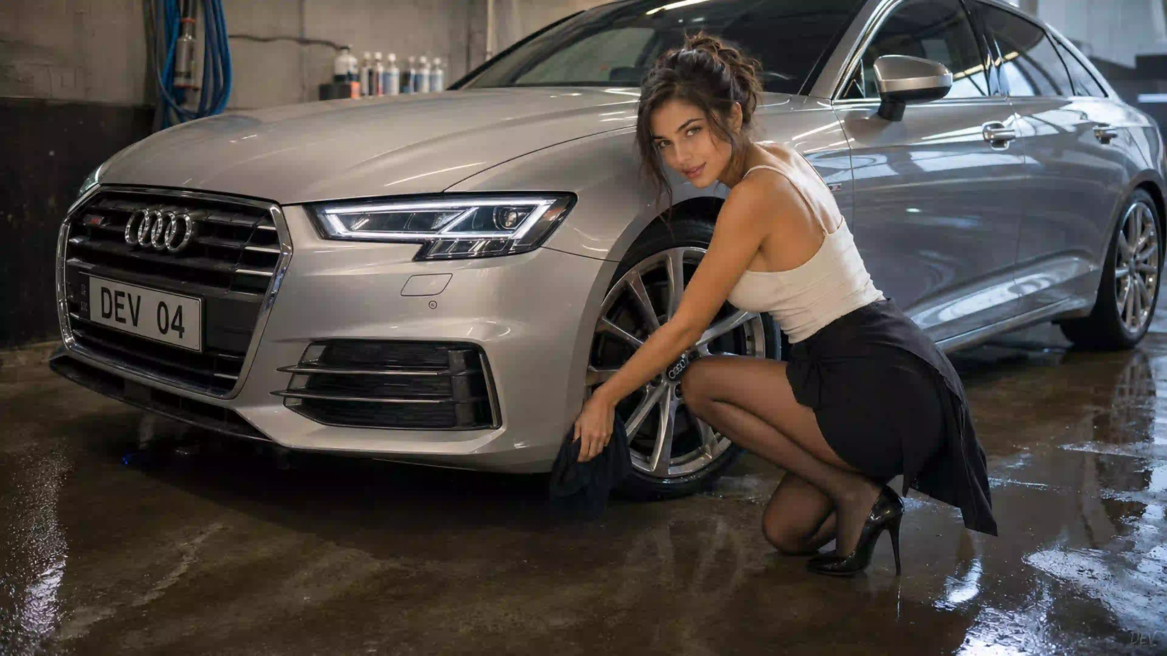 ДЕВ 00586 девушка серебристый audi в автомойке