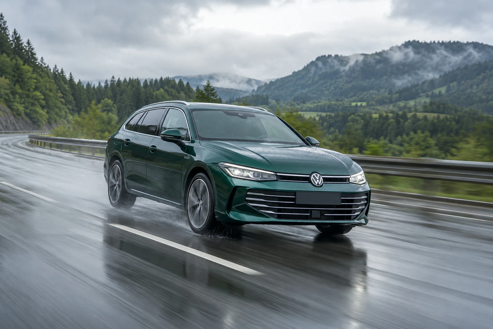 АВТО 1007614 зелёный Volkswagen Passat Variant на дождливой магистрали