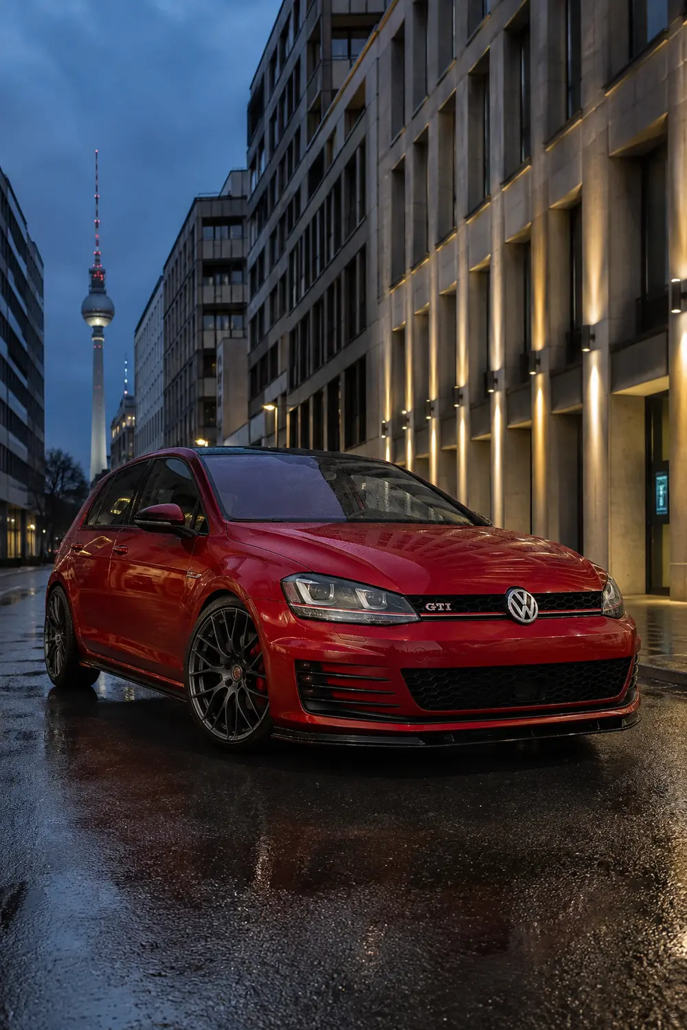 АВТО 1003948 красный Volkswagen Golf GTI Mk7 в вечернем Берлине