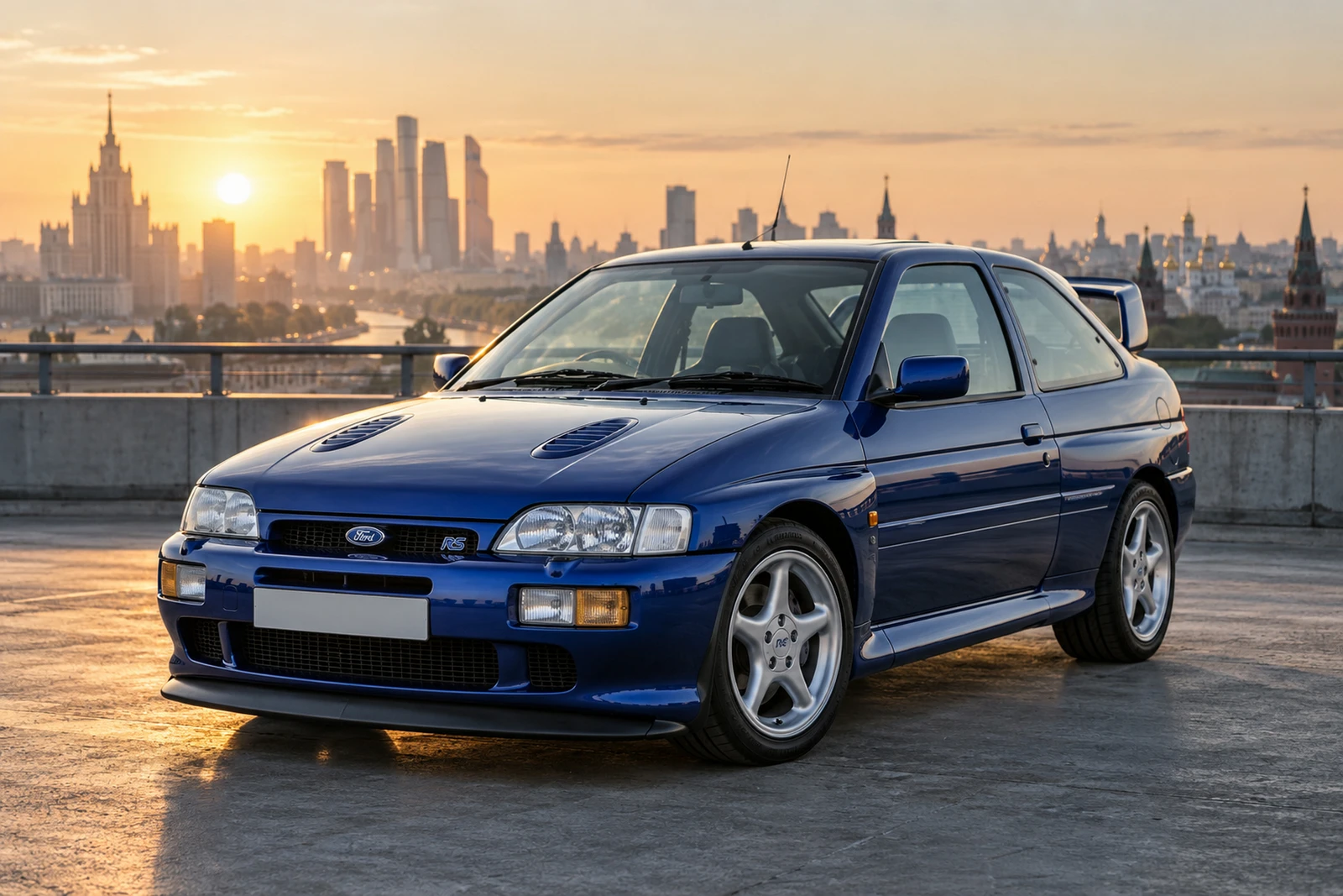 АВТО 1008546 Форд Escort RS Cosworth синий Москва крыша на рассвете