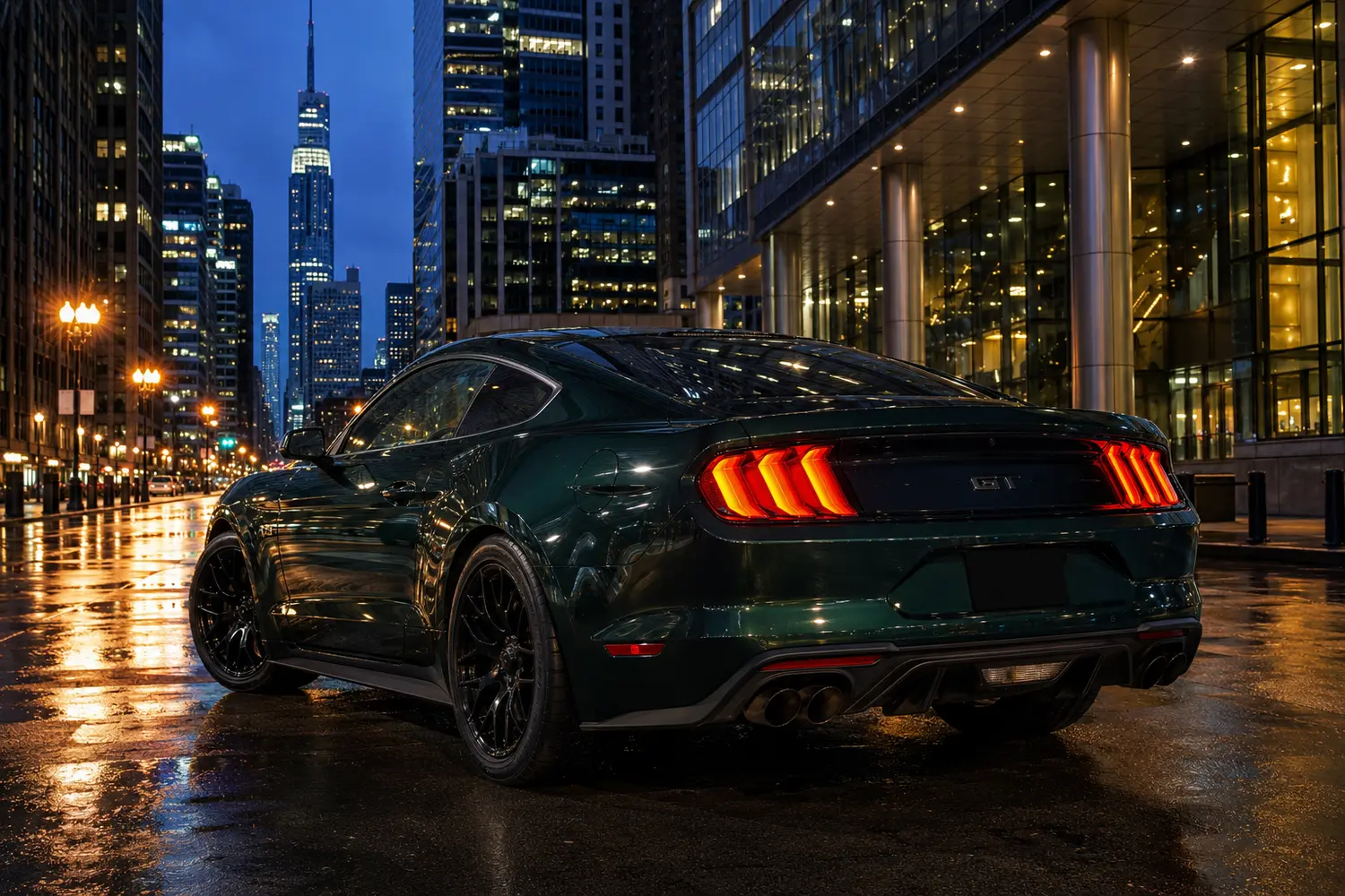 АВТО 1003925 зелёный Ford Mustang GT в вечернем Чикаго