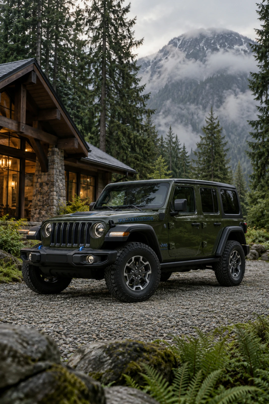 АВТО 1007667 зелёный Jeep Wrangler 4xe у лесного лоджа