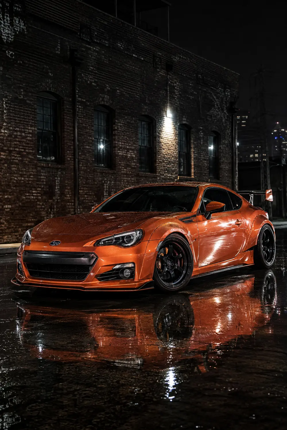АВТО 1003950 оранжевый Subaru BRZ на ночной улице Лос Анджелеса