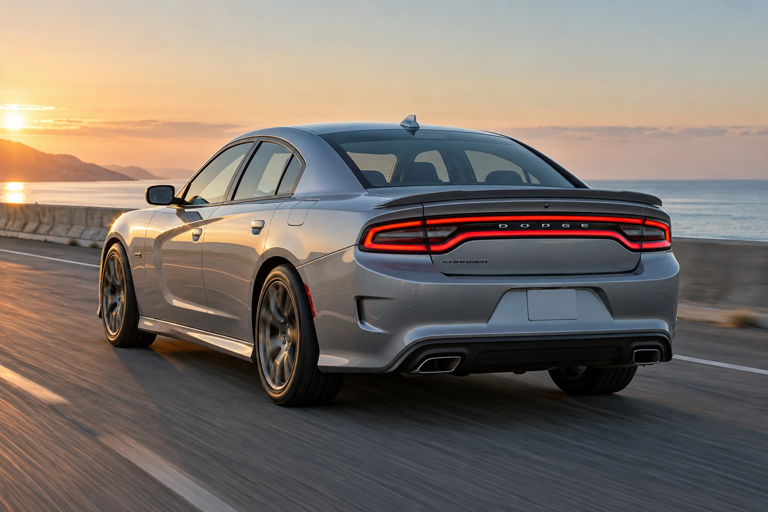 АВТО 1006926 Dodge Charger Daytona серебристый дорога у воды