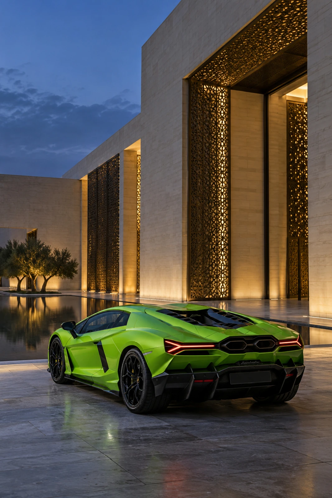 АВТО 1007595 зелёный Lamborghini Revuelto у современного дворца