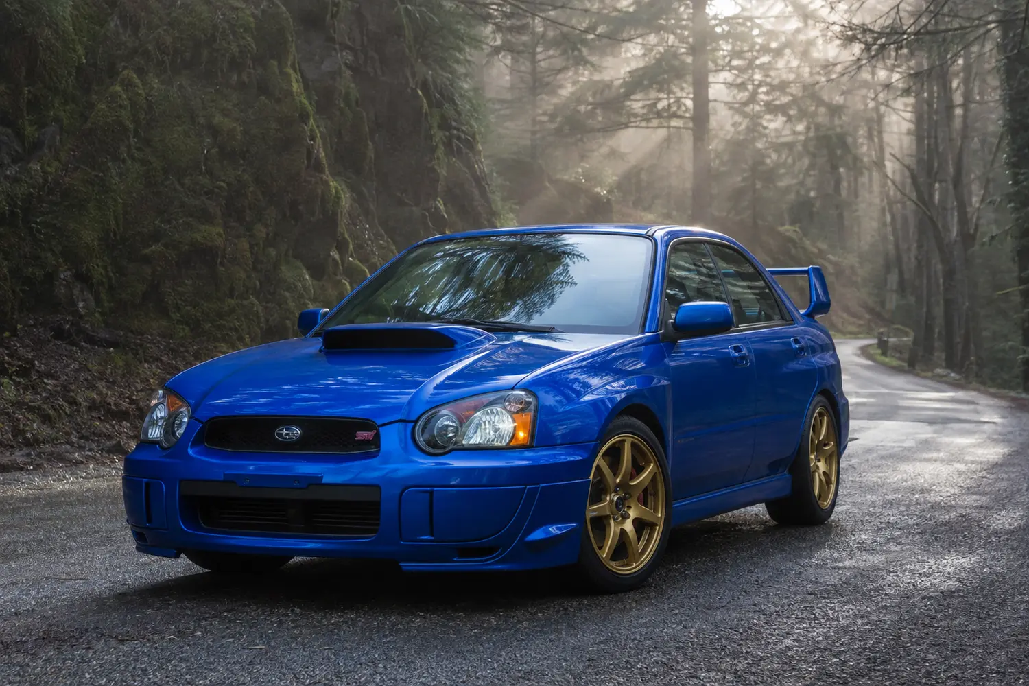 АВТО 1003924 синий Subaru WRX STI на туманной лесной дороге