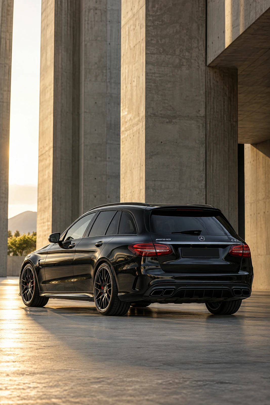 АВТО 1007533 чёрный Mercedes AMG C63 универсал у бруталистской архитектуры