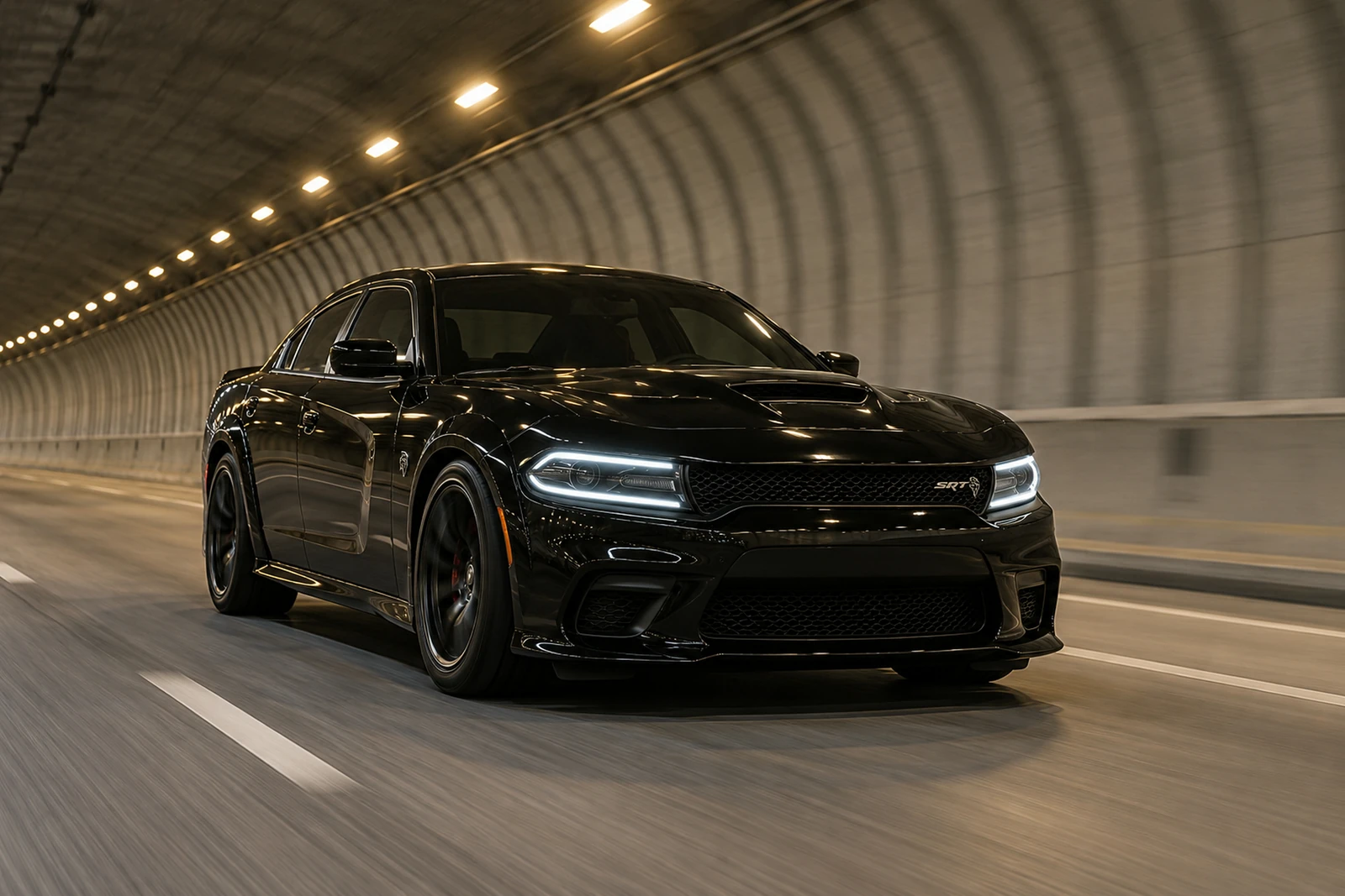 АВТО 1007556 чёрный Dodge Charger Hellcat в городском тоннеле