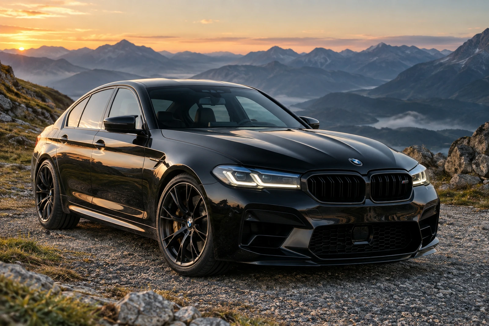 АВТО 1007482 чёрный BMW M5 в горах на рассвете