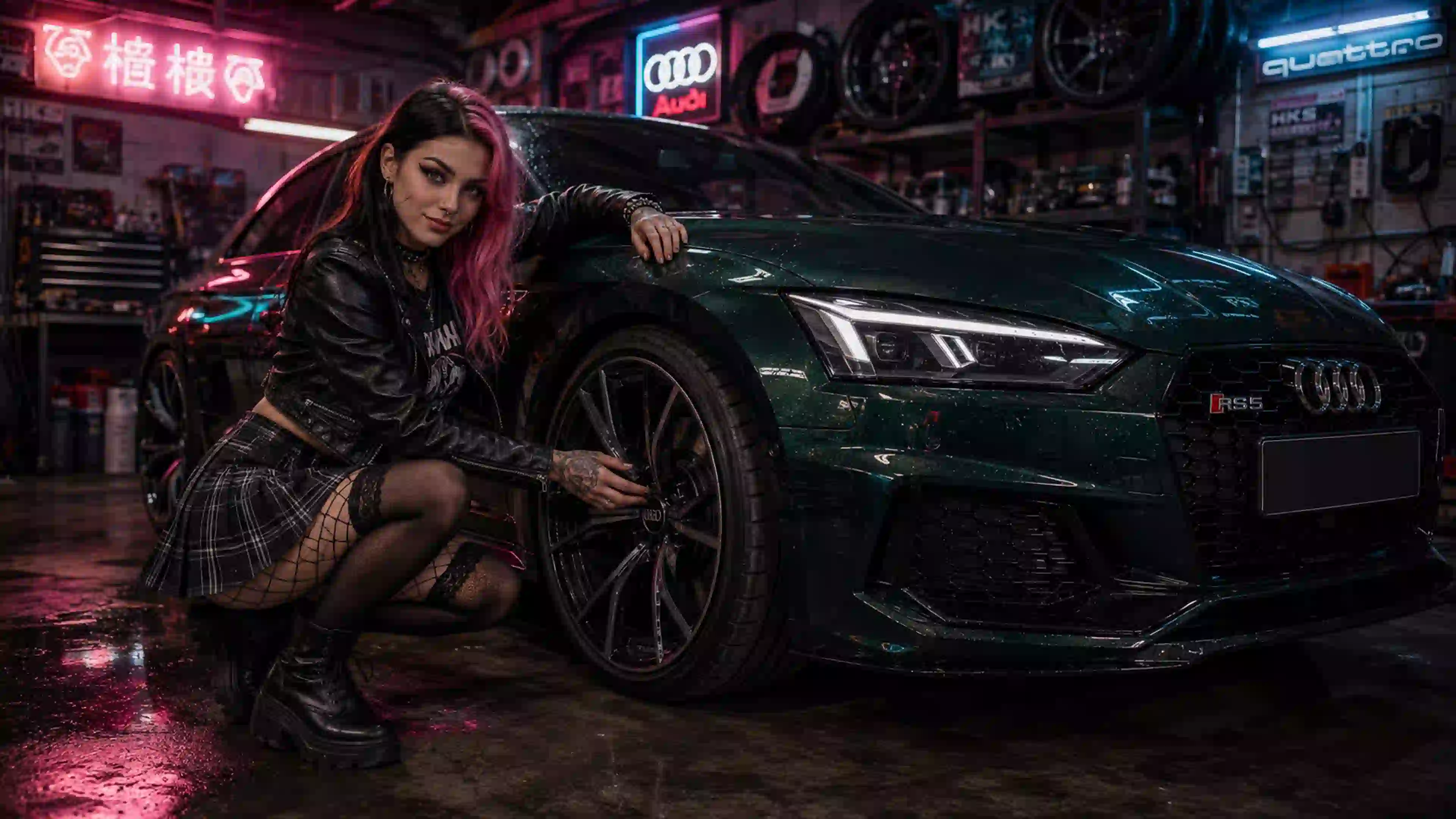 ДЕВ 00608 девушка неоновый audi в мастерской