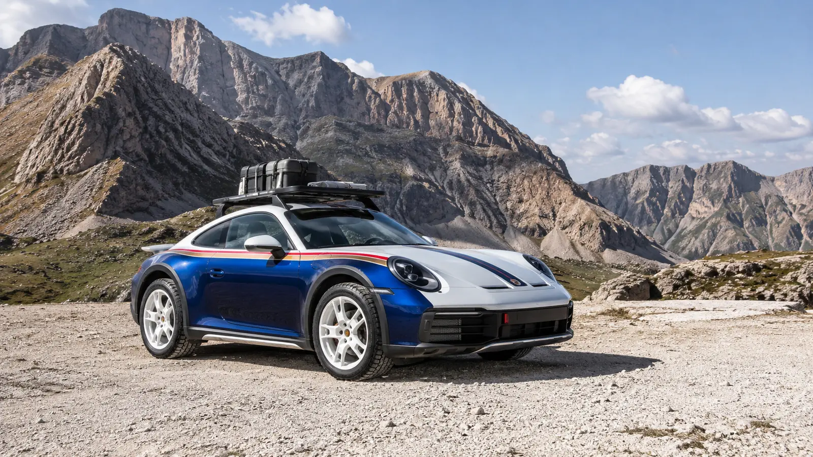 АВТО 1000253 бело-синий Porsche 911 Dakar на горном плато