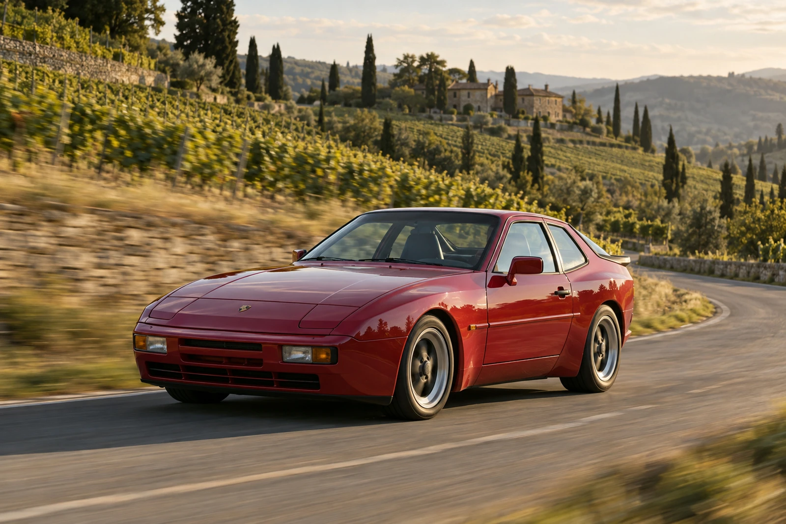 АВТО 1007564 красный Porsche 944 на дороге среди виноградников