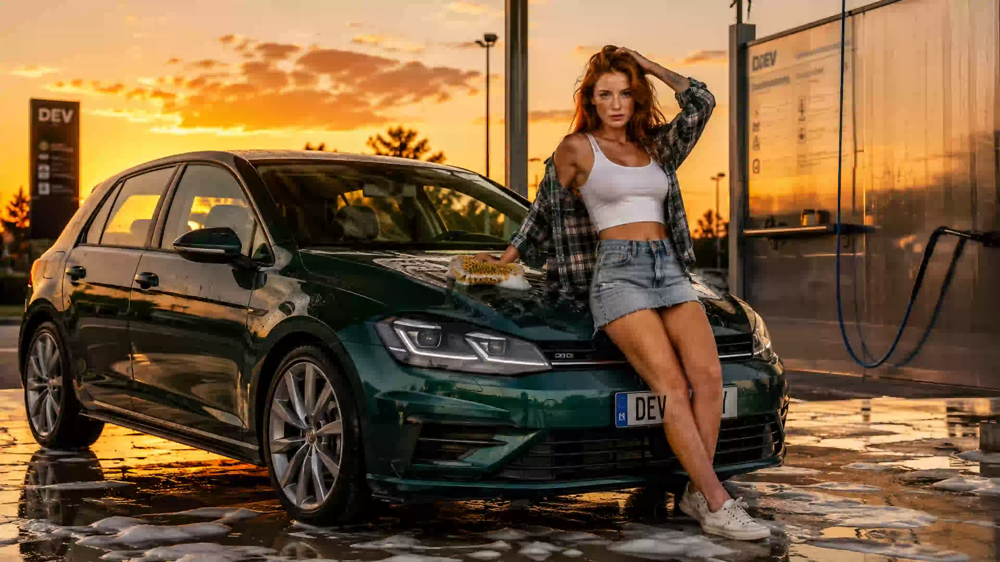 ДЕВ 00489 девушка автомойка на закате volkswagen и