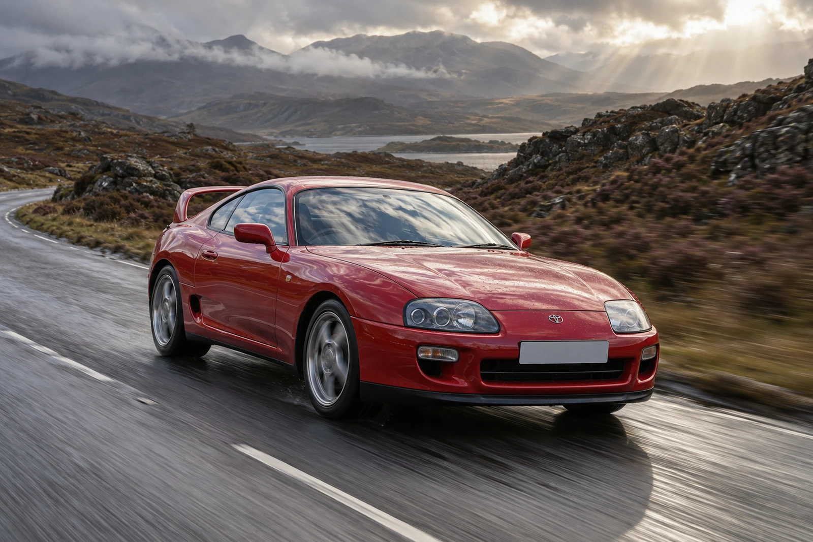 АВТО 1008590 Тойота Supra A80 красный Шотландская дорога среди вереска